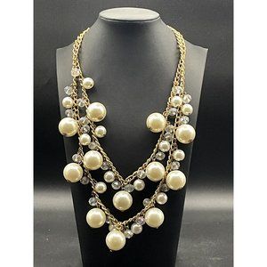 Gold Tone Faux Pearl Clear Beaded Double Layer Statement Necklace Length 21 In.